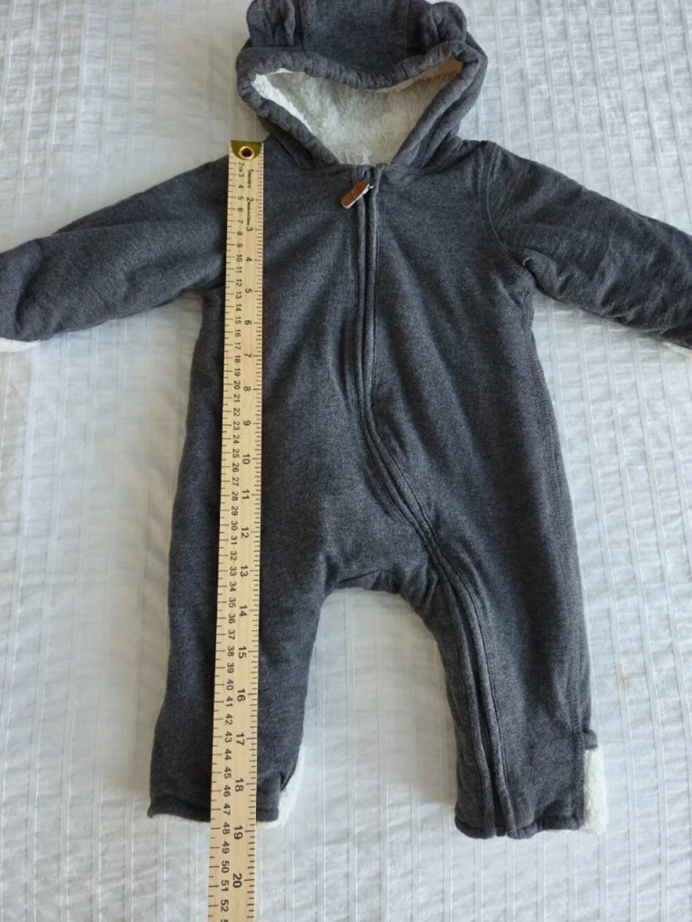 H&M Baby Hooded Sherpa Pram Suit Gray 2-4 Months Bear Ears Organic Cotton Buntin